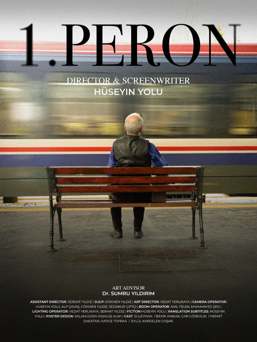 1. Peron poster: an old man on a bench as a train blurs past